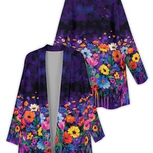 Purple Explosion Floral Open Front Cardigan/Kimono - 1X - NWOT